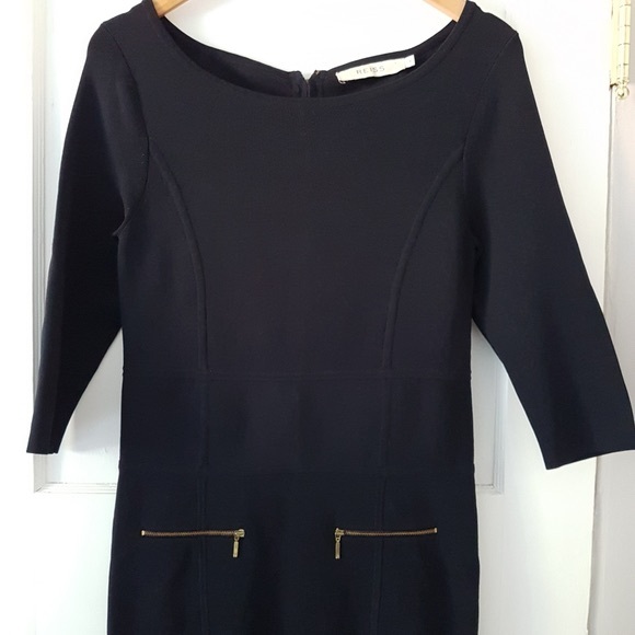 REISS Bodycon Boat Neck Knee Length Gold Detail Dress Dark Blue Sz M - Picture 4 of 15